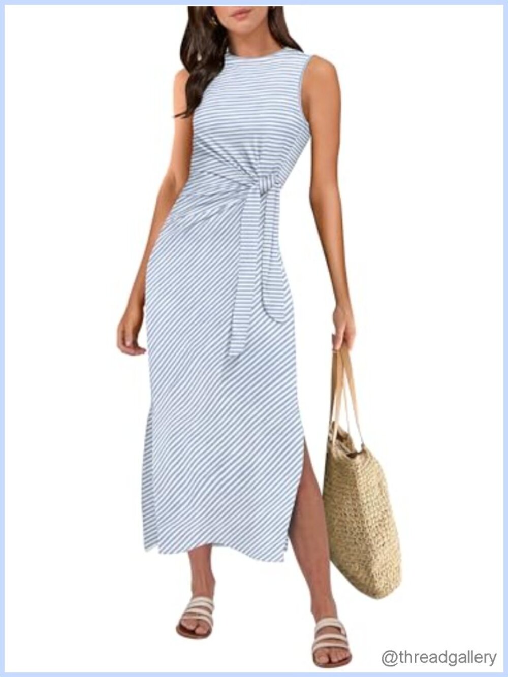 Sleeveless Tank Midi Dress Tie Waist Slim Fit Rayon Blend
